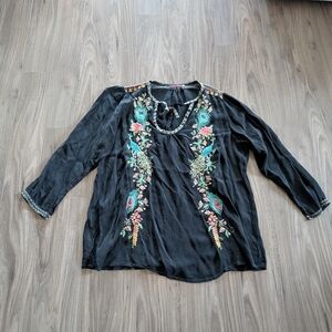 Johnny Was Embroidered Peacock And Floral Black Women's Top (2X - PLEASE READ)